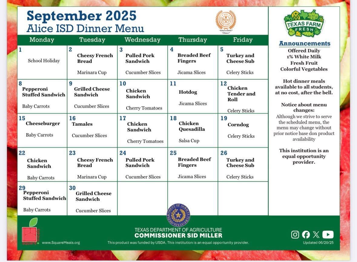 September dinner menu 